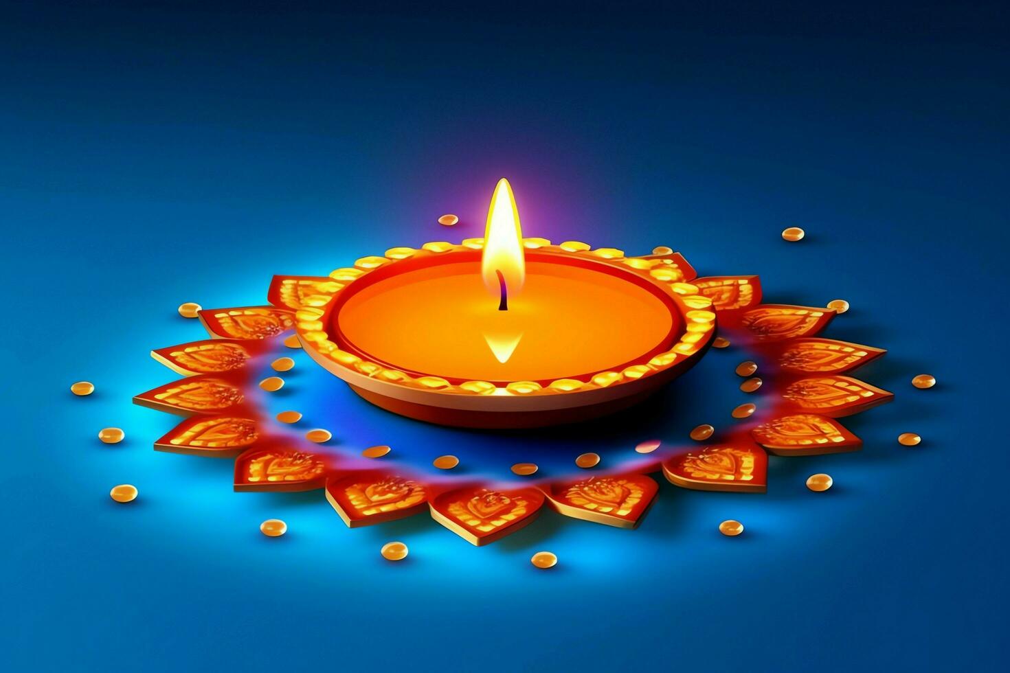 Happy diwali or deepavali traditional indian festival with clay diya oil lamp. Indian hindu festival of light symbol with candle and light. Clay diya lamp lit during diwali celebration by AI generated photo