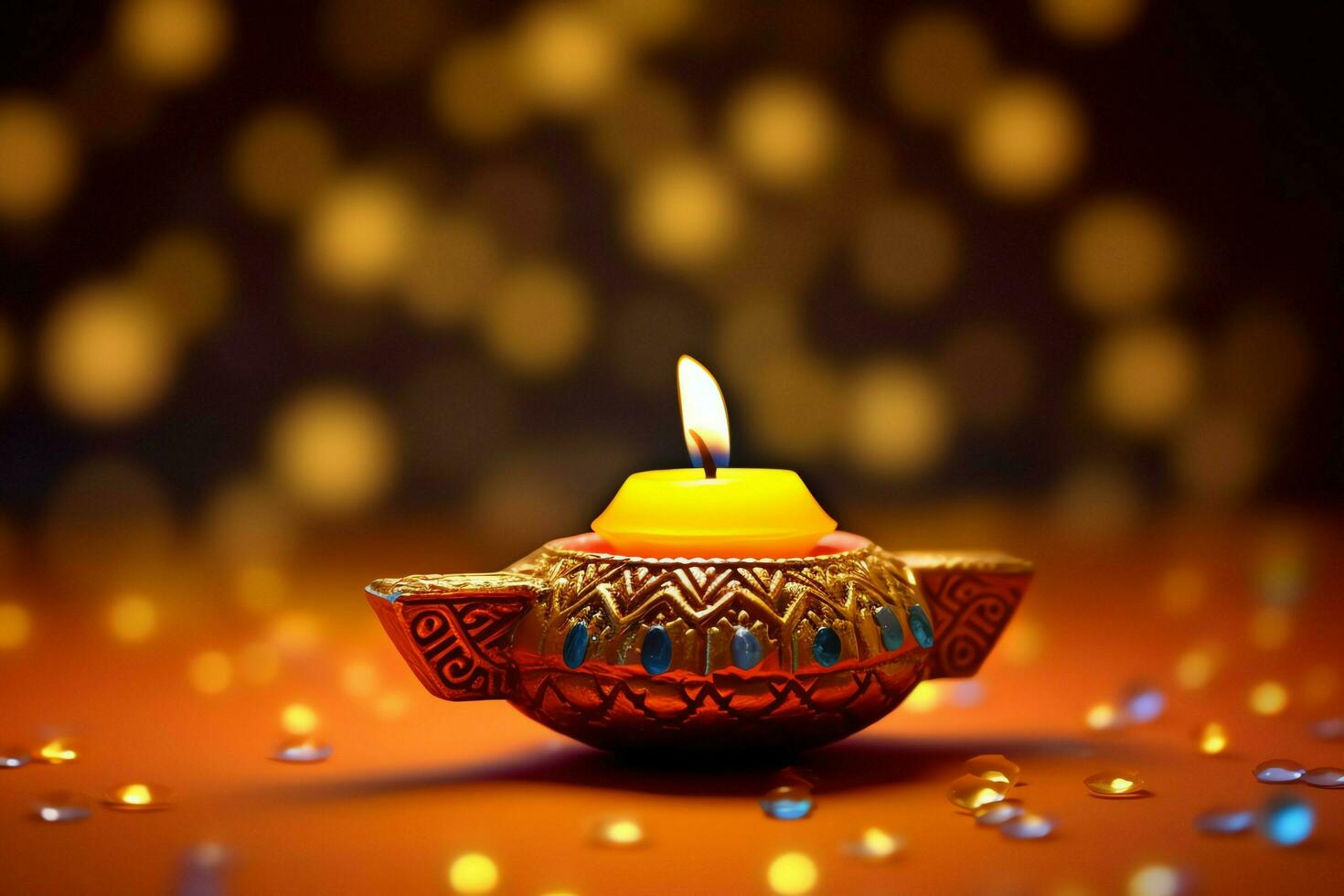 Happy diwali or deepavali traditional indian festival with clay diya oil lamp. Indian hindu festival of light symbol with candle and light. Clay diya lamp lit during diwali celebration by AI generated photo