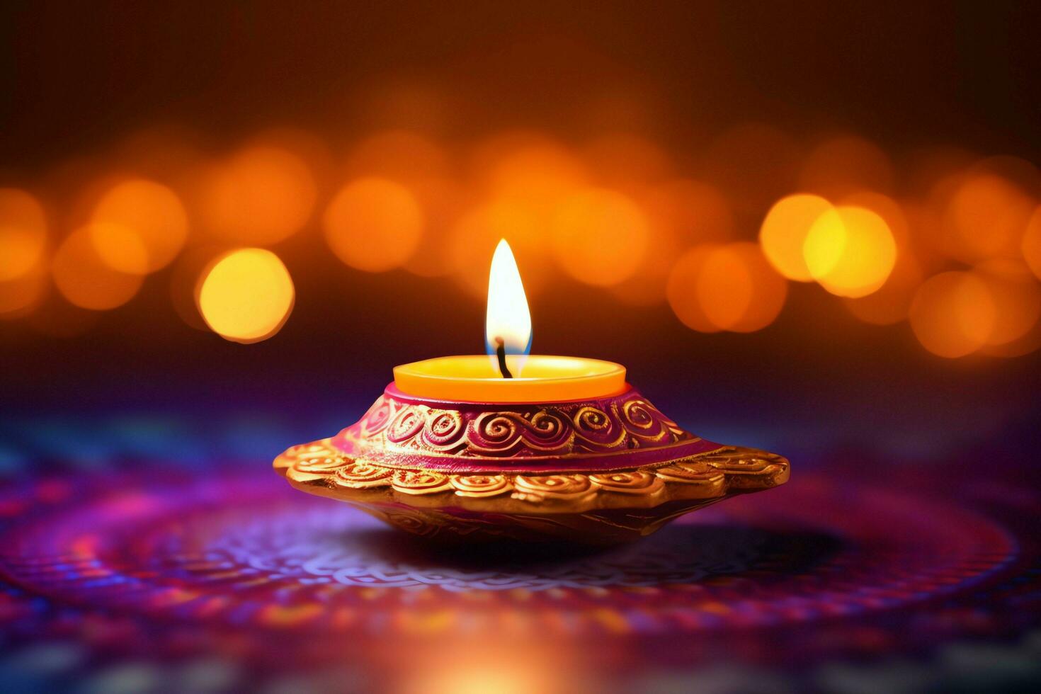 Happy diwali or deepavali traditional indian festival with clay diya oil lamp. Indian hindu festival of light symbol with candle and light. Clay diya lamp lit during diwali celebration by AI generated photo