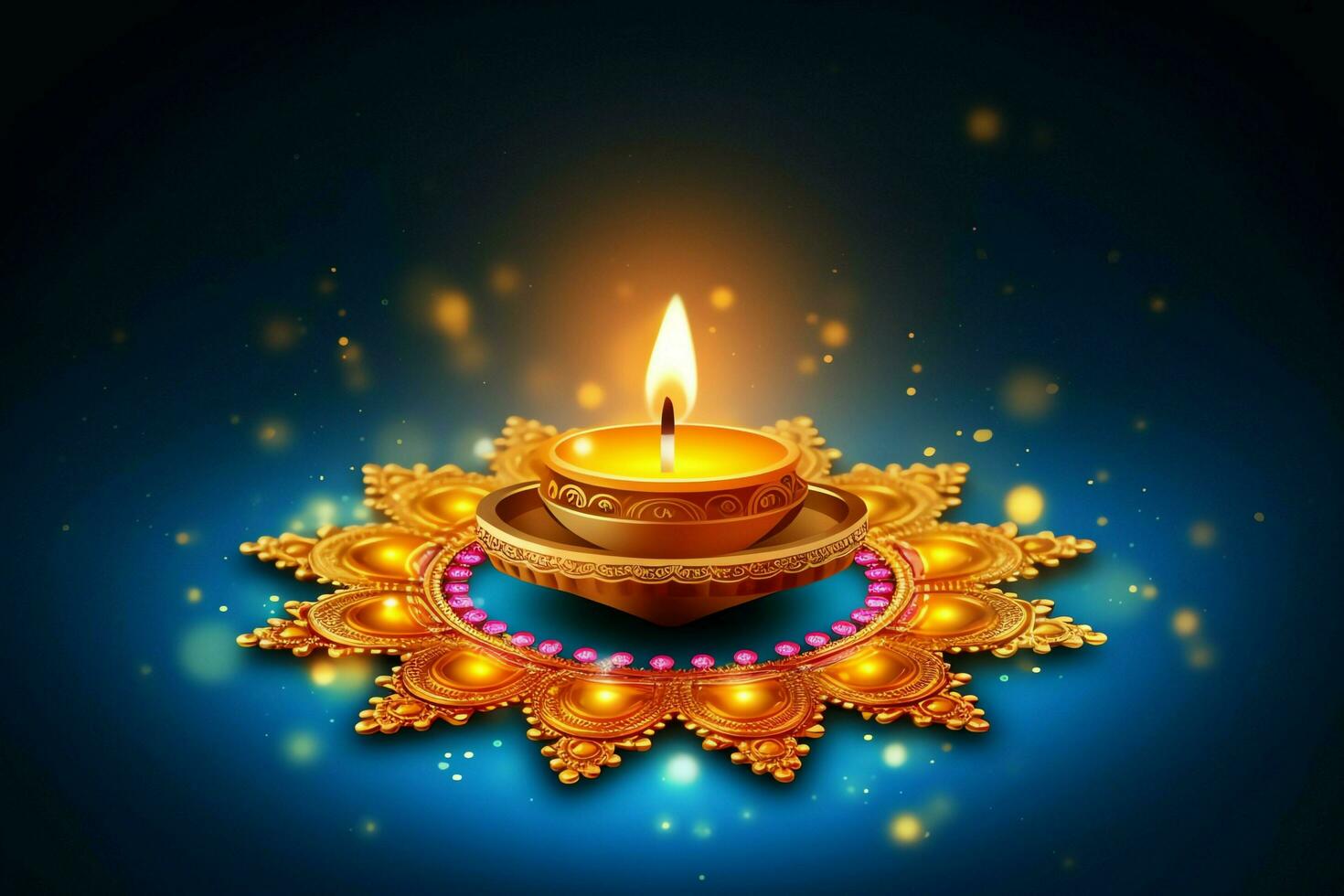 Happy diwali or deepavali traditional indian festival with clay diya oil lamp. Indian hindu festival of light symbol with candle and light. Clay diya lamp lit during diwali celebration by AI generated photo