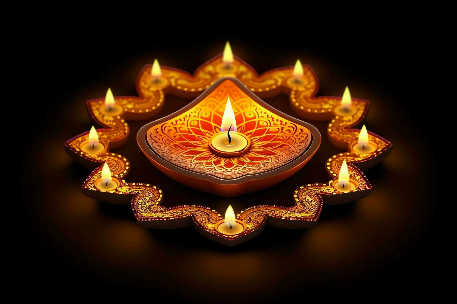 Happy diwali or deepavali traditional indian festival with clay diya oil lamp. Indian hindu festival of light symbol with candle and light. Clay diya lamp lit during diwali celebration by AI generated photo