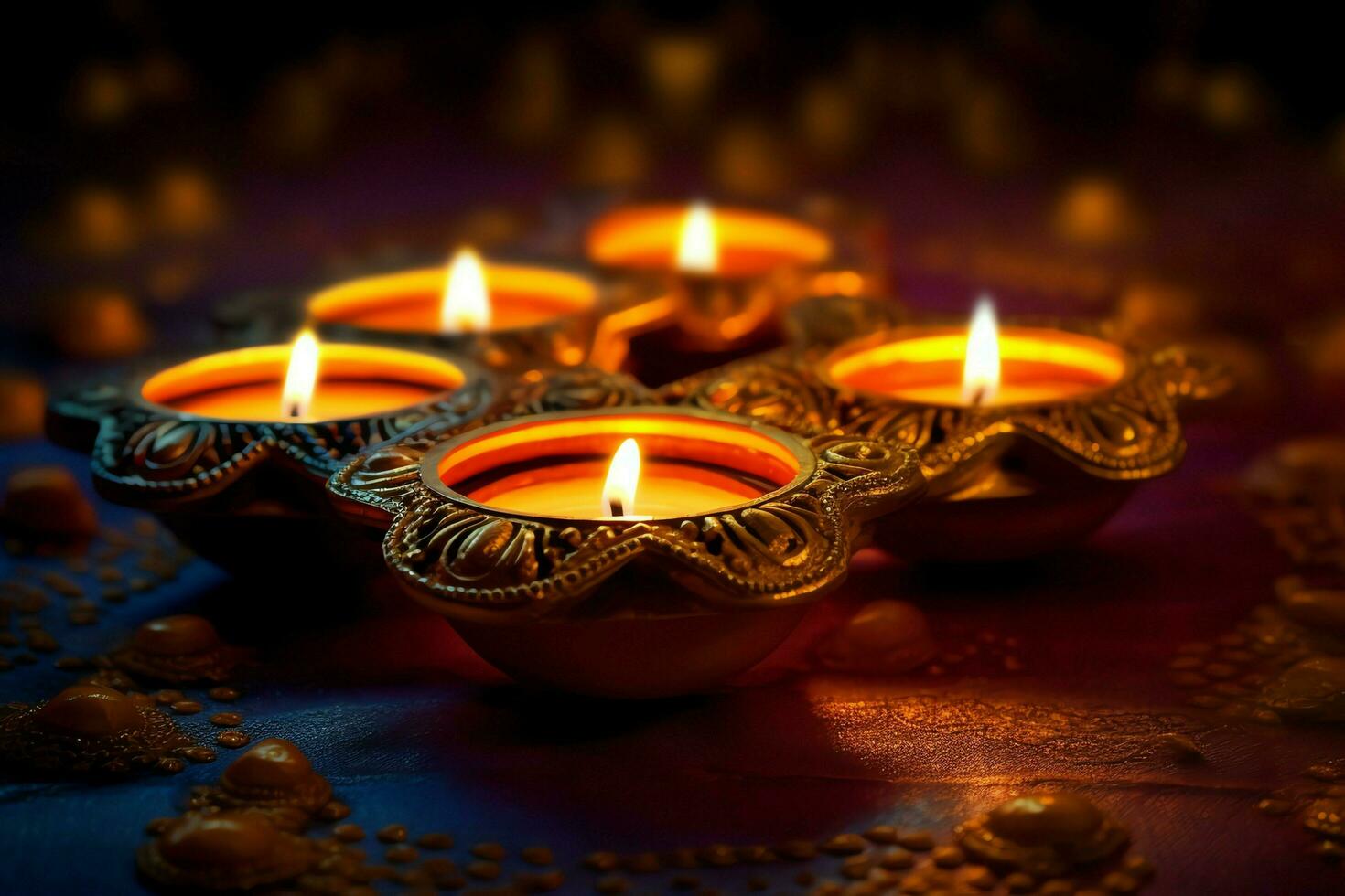Happy diwali or deepavali traditional indian festival with clay diya oil lamp. Indian hindu festival of light symbol with candle and light. Clay diya lamp lit during diwali celebration by AI generated photo