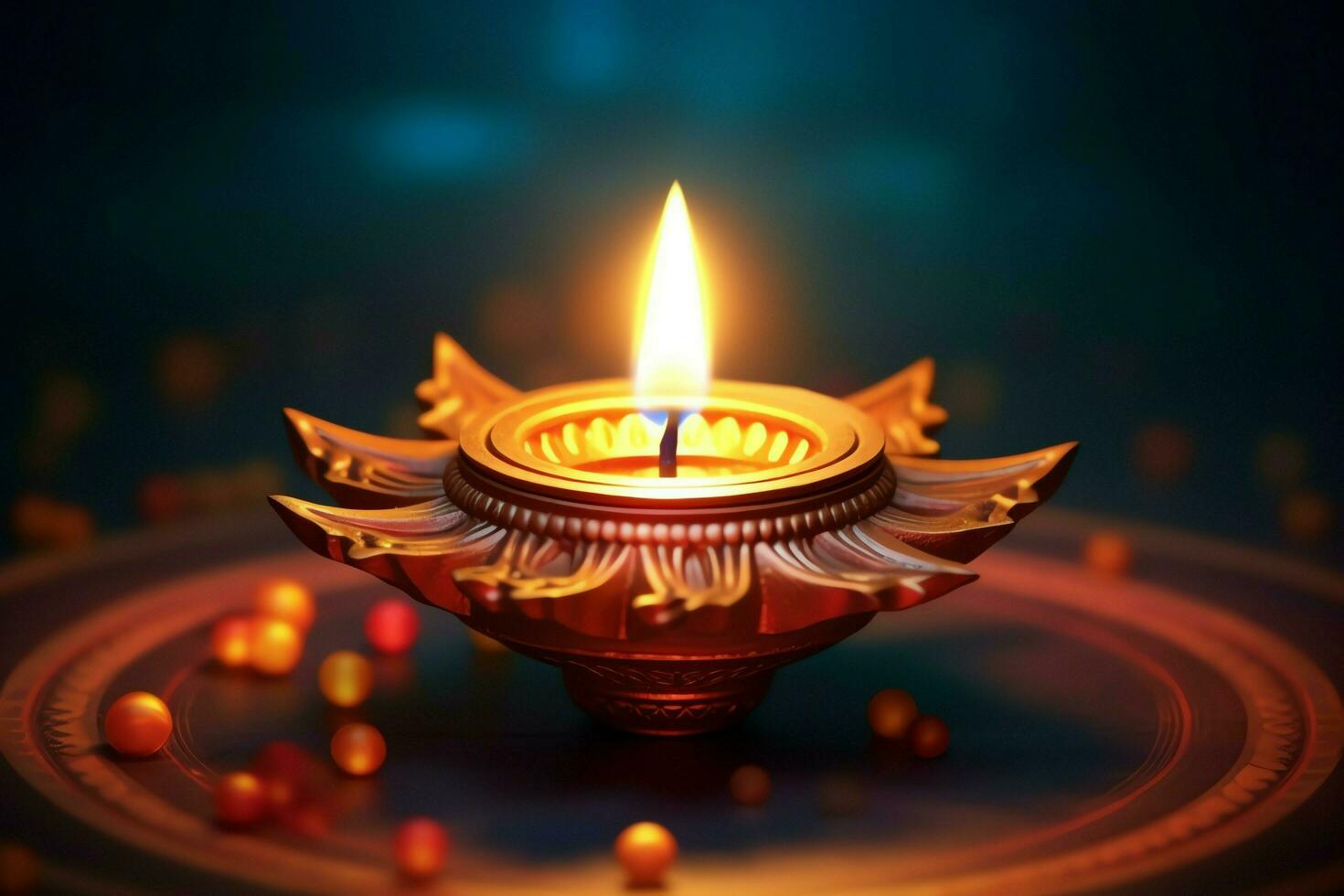 Happy diwali or deepavali traditional indian festival with clay diya oil lamp. Indian hindu festival of light symbol with candle and light. Clay diya lamp lit during diwali celebration by AI generated photo