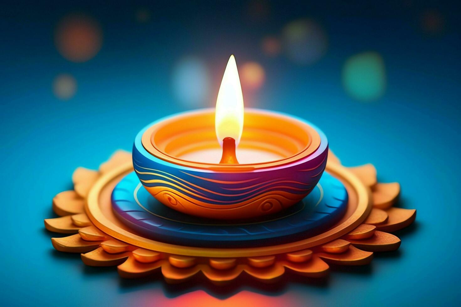 Happy diwali or deepavali traditional indian festival with clay diya oil lamp. Indian hindu festival of light symbol with candle and light. Clay diya lamp lit during diwali celebration by AI generated photo