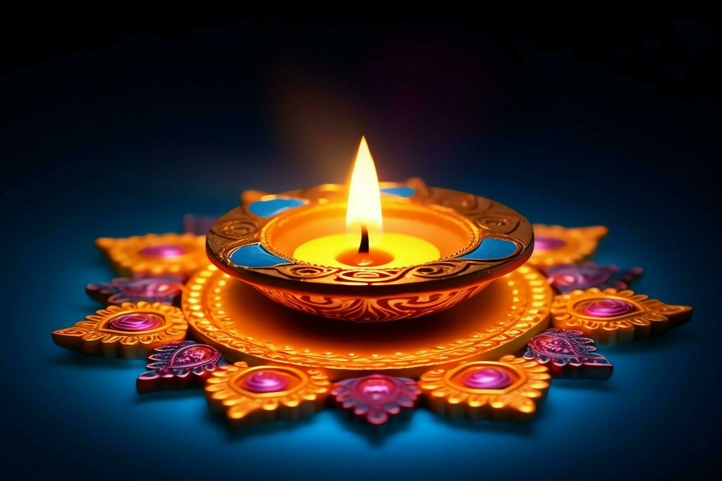 Happy diwali or deepavali traditional indian festival with clay diya oil lamp. Indian hindu festival of light symbol with candle and light. Clay diya lamp lit during diwali celebration by AI generated photo