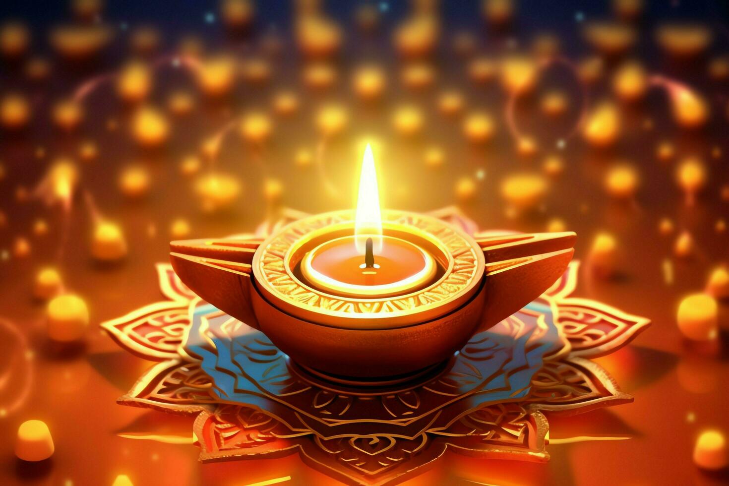 Happy diwali or deepavali traditional indian festival with clay diya oil lamp. Indian hindu festival of light symbol with candle and light. Clay diya lamp lit during diwali celebration by AI generated photo