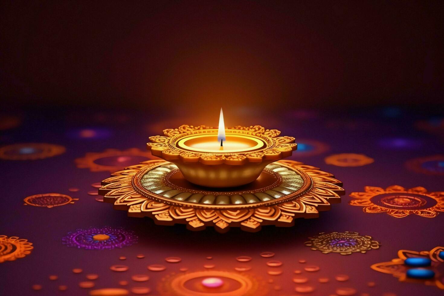 Happy diwali or deepavali traditional indian festival with clay diya oil lamp. Indian hindu festival of light symbol with candle and light. Clay diya lamp lit during diwali celebration by AI generated photo