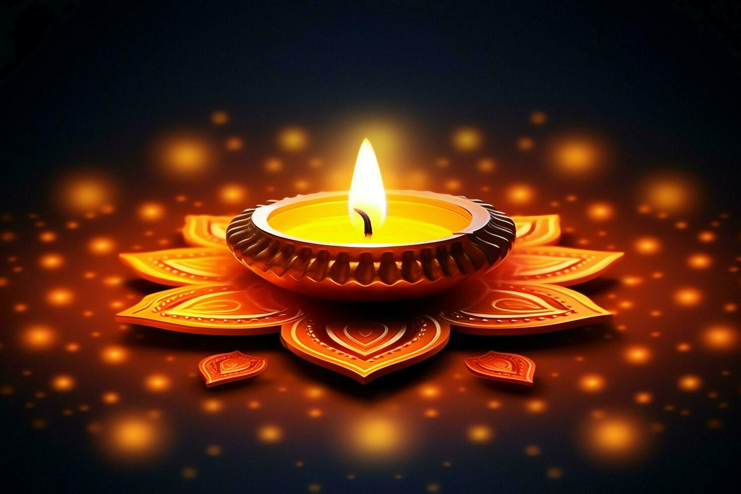 Happy diwali or deepavali traditional indian festival with clay diya oil lamp. Indian hindu festival of light symbol with candle and light. Clay diya lamp lit during diwali celebration by AI generated photo