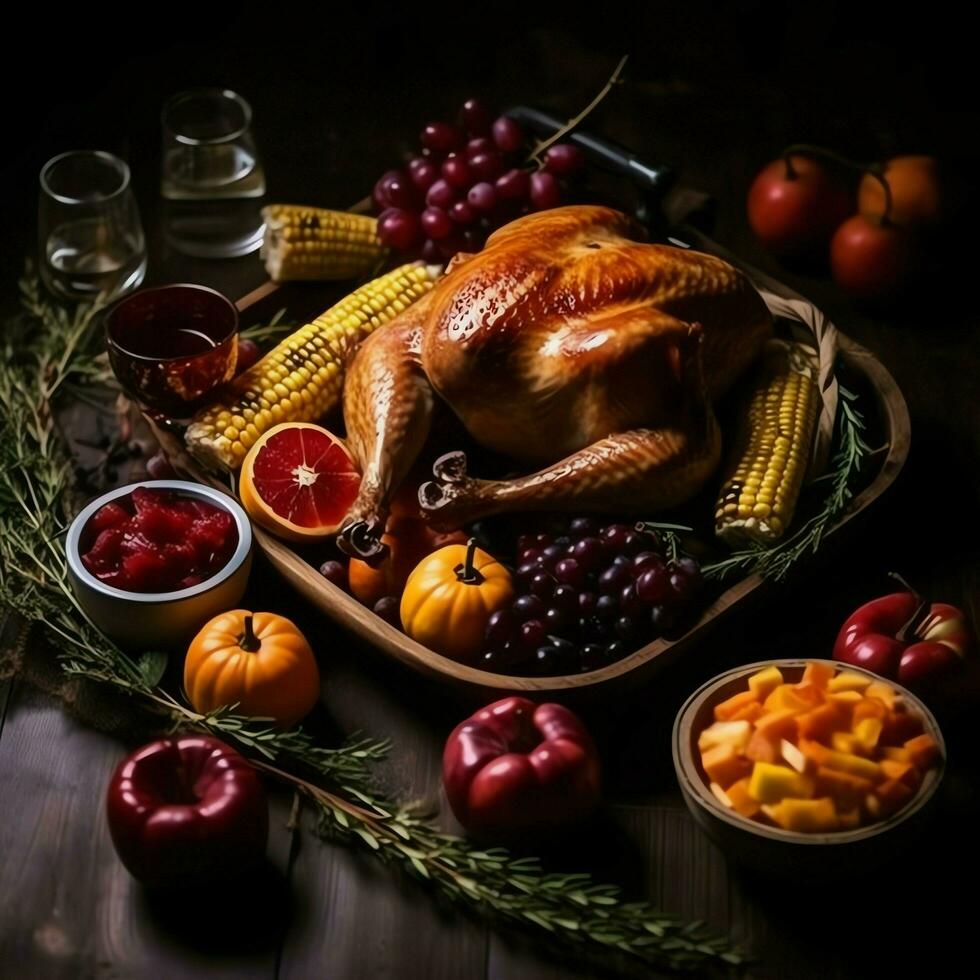 Thanksgiving day or autumn composition with pumpkin, oranges, leaves or chicken. Thanksgiving food concept by AI Generated photo