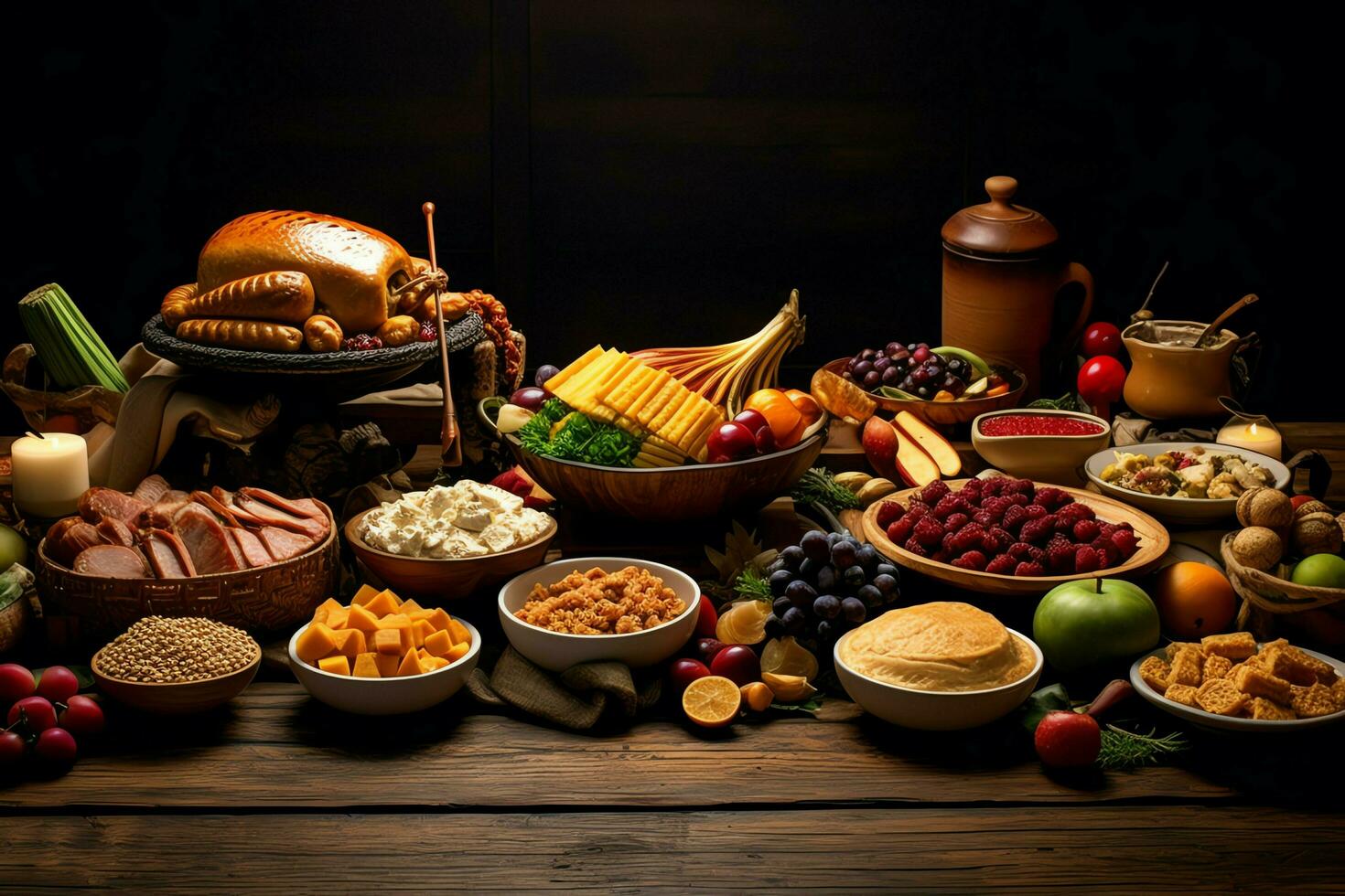 Thanksgiving day or autumn composition with pumpkin, oranges, leaves or chicken. Thanksgiving food concept by AI Generated photo