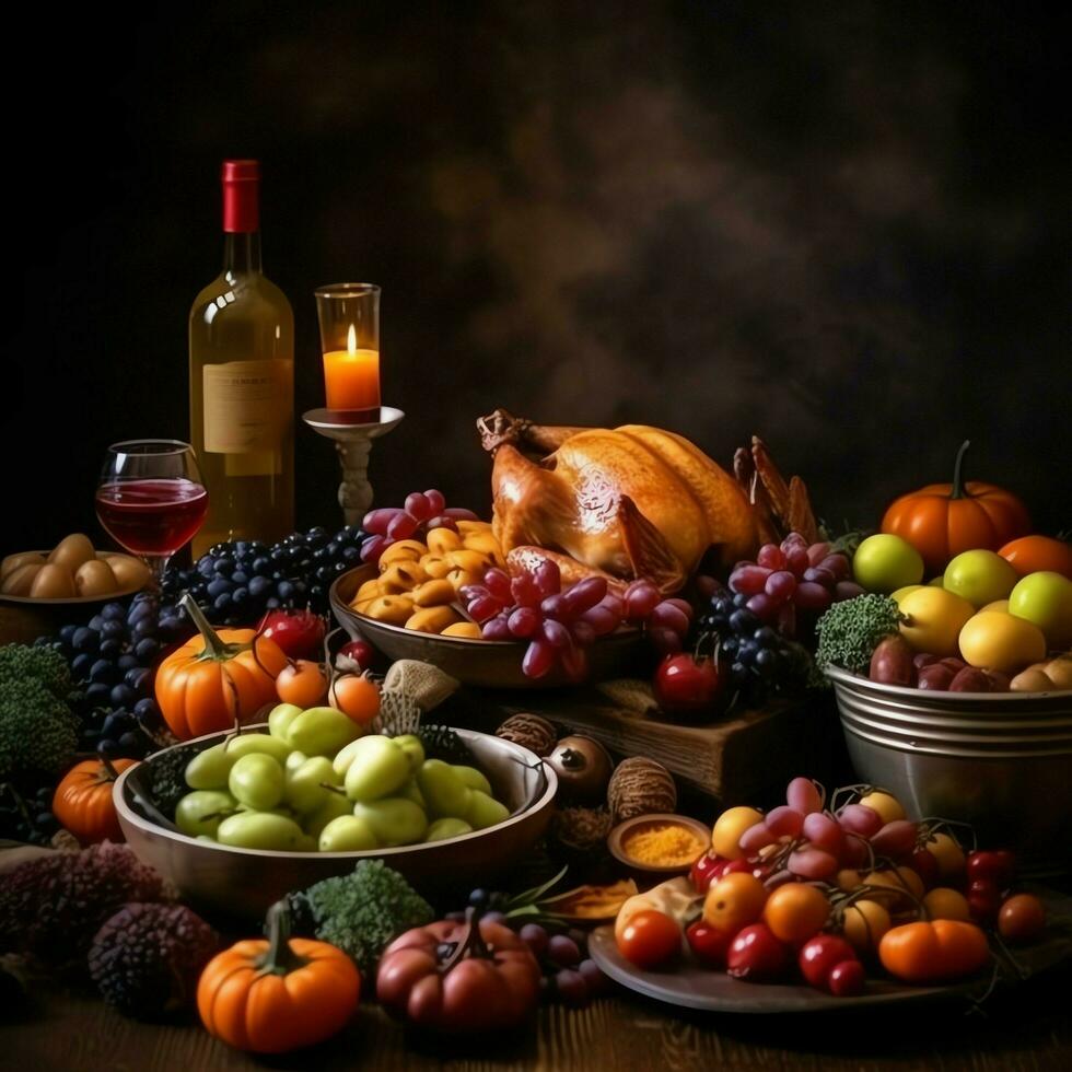 Thanksgiving day or autumn composition with pumpkin, oranges, leaves or chicken. Thanksgiving food concept by AI Generated photo