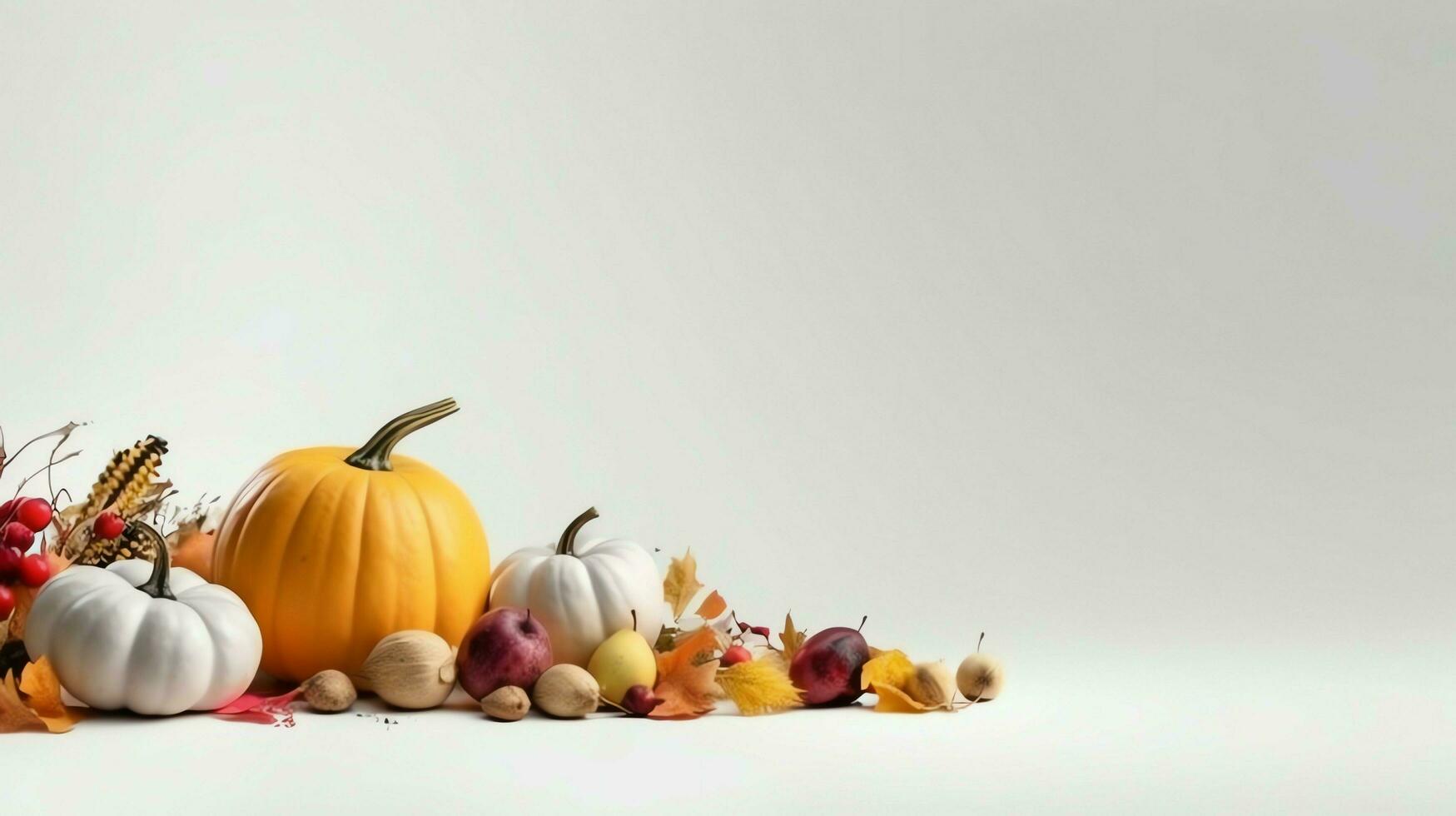 Thanksgiving day or autumn composition with pumpkin, oranges, leaves or chicken. Thanksgiving food concept by AI Generated photo