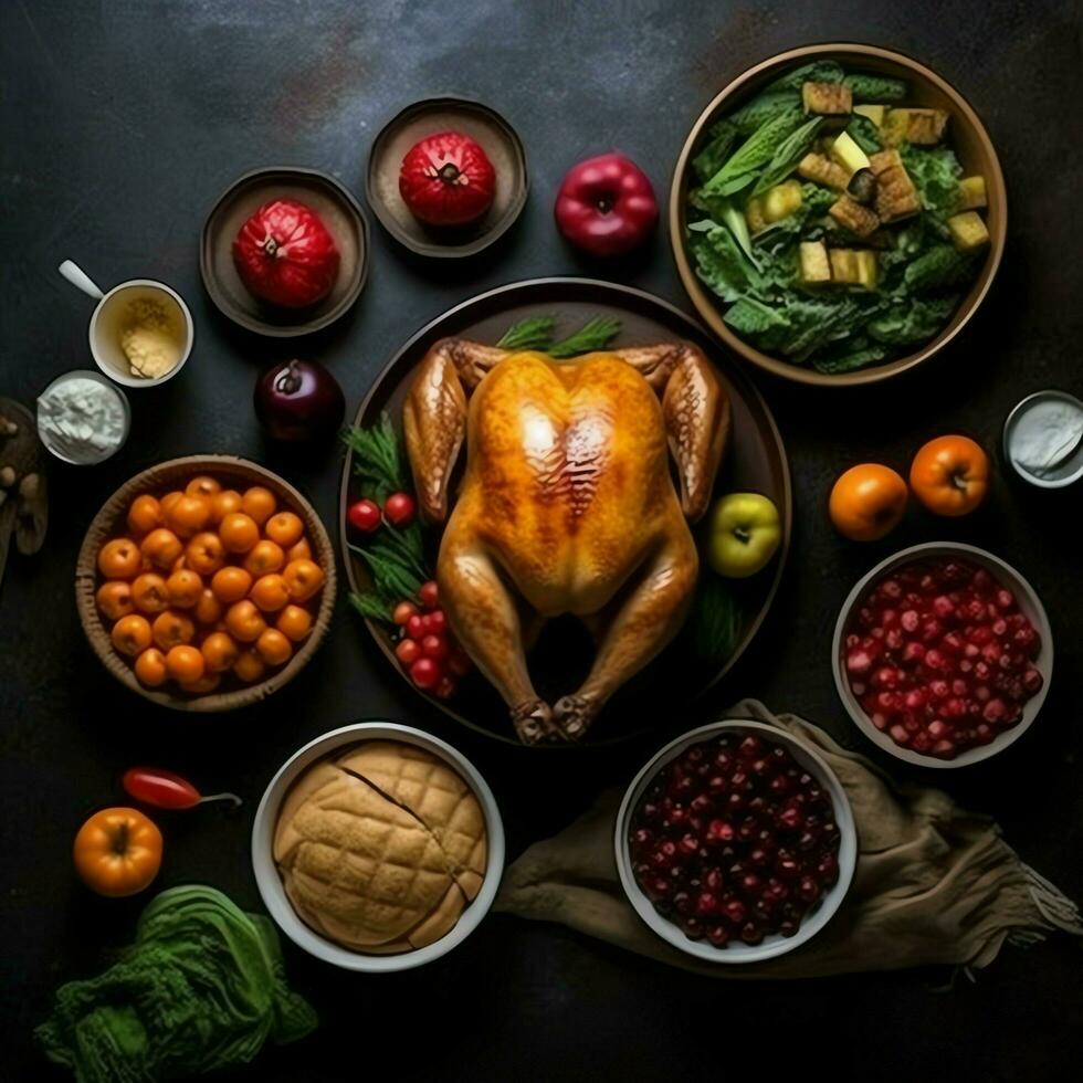 Thanksgiving day or autumn composition with pumpkin, oranges, leaves or chicken. Thanksgiving food concept by AI Generated photo