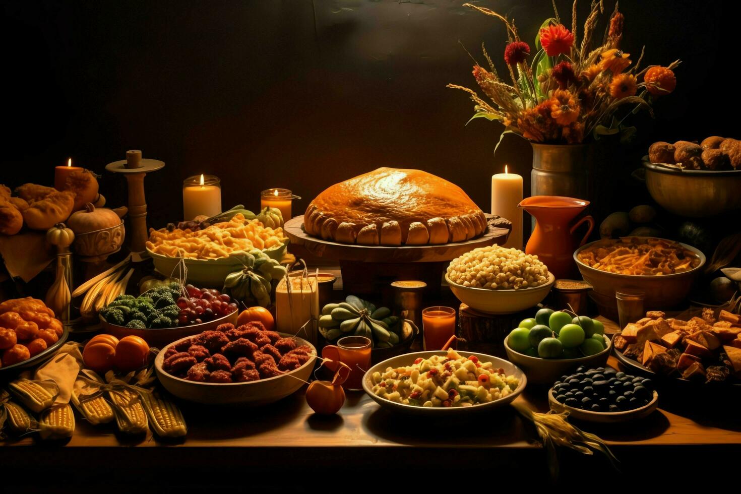 Thanksgiving day or autumn composition with pumpkin, oranges, leaves or chicken. Thanksgiving food concept by AI Generated photo