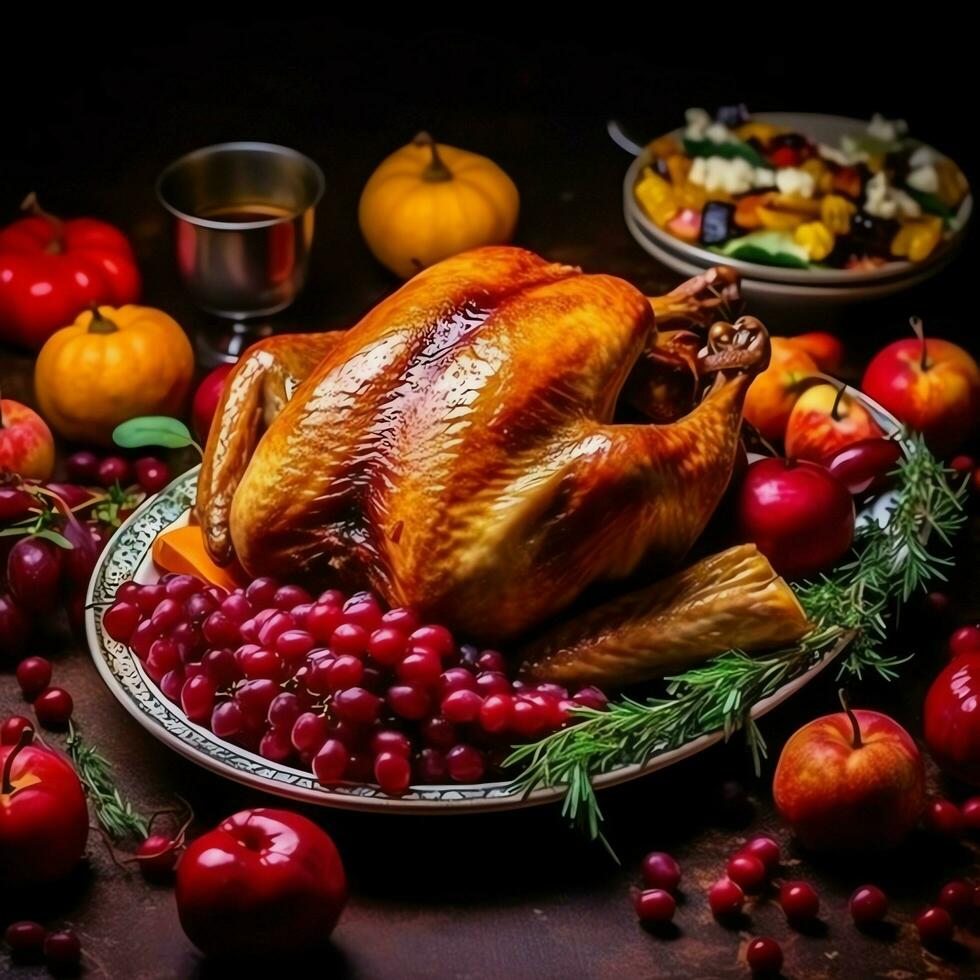 Thanksgiving day or autumn composition with pumpkin, oranges, leaves or chicken. Thanksgiving food concept by AI Generated photo