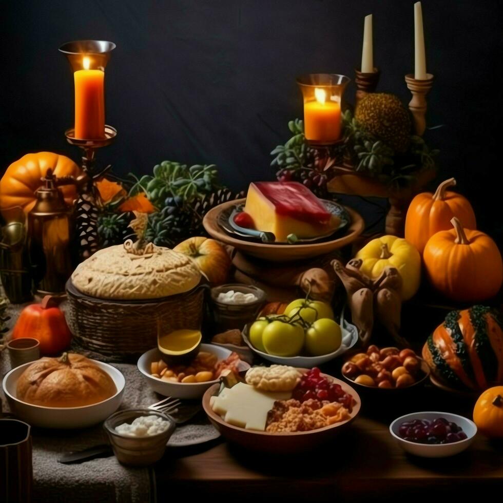 Thanksgiving day or autumn composition with pumpkin, oranges, leaves or chicken. Thanksgiving food concept by AI Generated photo