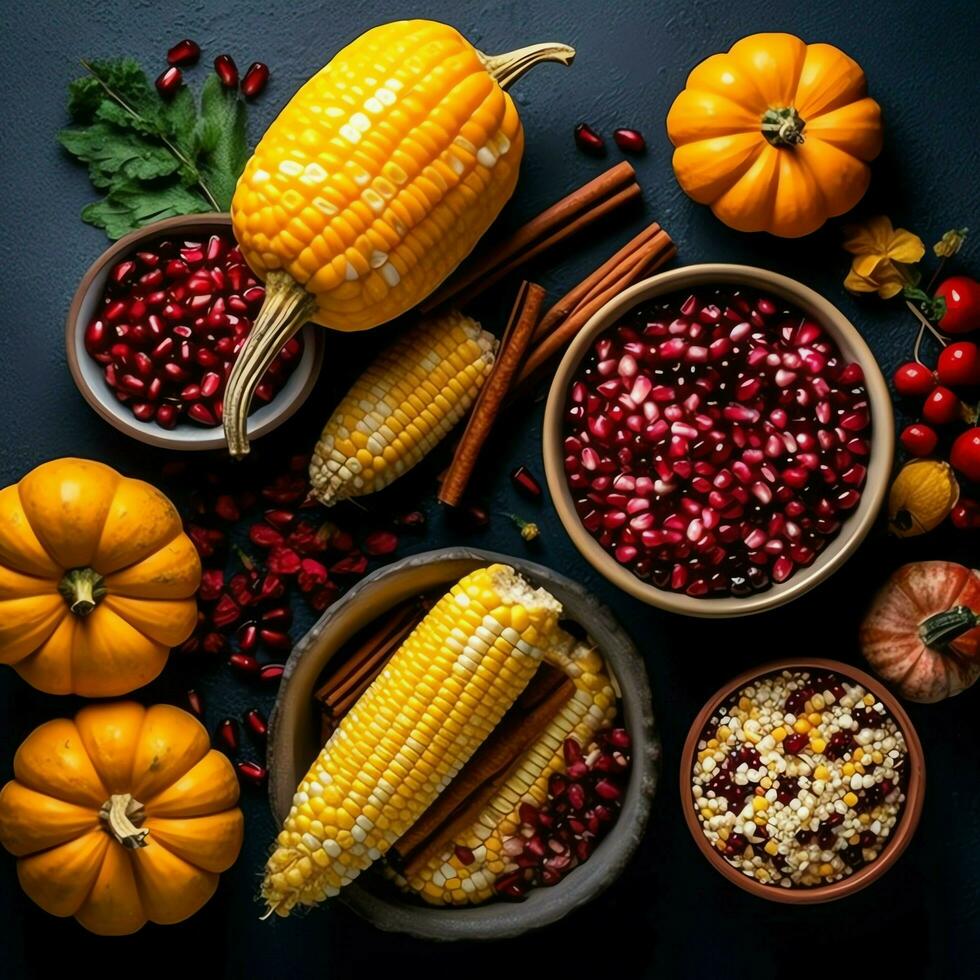 acción de gracias día o otoño composición con calabaza, naranjas, hojas o pollo. acción de gracias comida concepto por ai generado foto