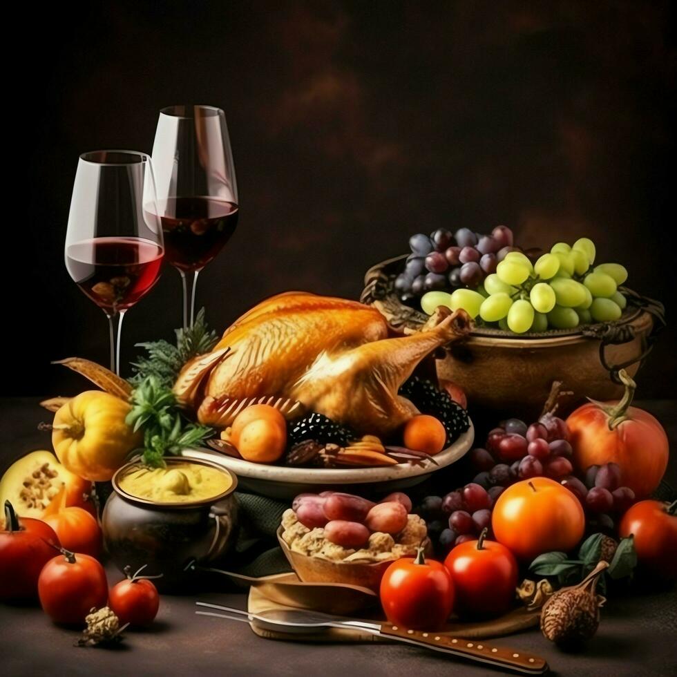 Thanksgiving day or autumn composition with pumpkin, oranges, leaves or chicken. Thanksgiving food concept by AI Generated photo