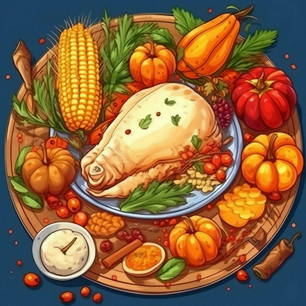 Thanksgiving day or autumn composition with pumpkin, oranges, leaves or chicken. Thanksgiving food concept by AI Generated photo