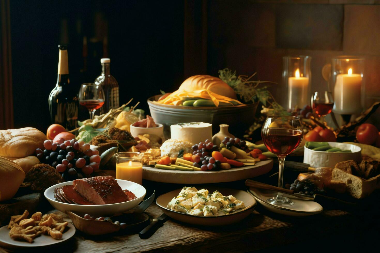 Thanksgiving day or autumn composition with pumpkin, oranges, leaves or chicken. Thanksgiving food concept by AI Generated photo
