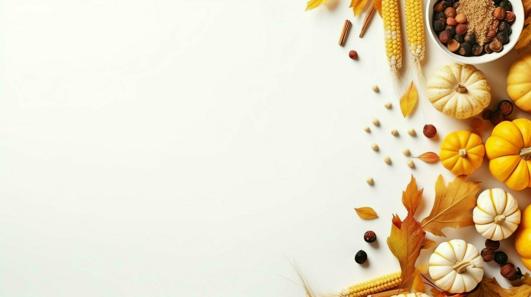 Thanksgiving day or autumn composition with pumpkin, oranges, leaves or chicken. Thanksgiving food concept by AI Generated photo