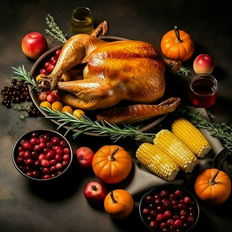 Thanksgiving day or autumn composition with pumpkin, oranges, leaves or chicken. Thanksgiving food concept by AI Generated photo