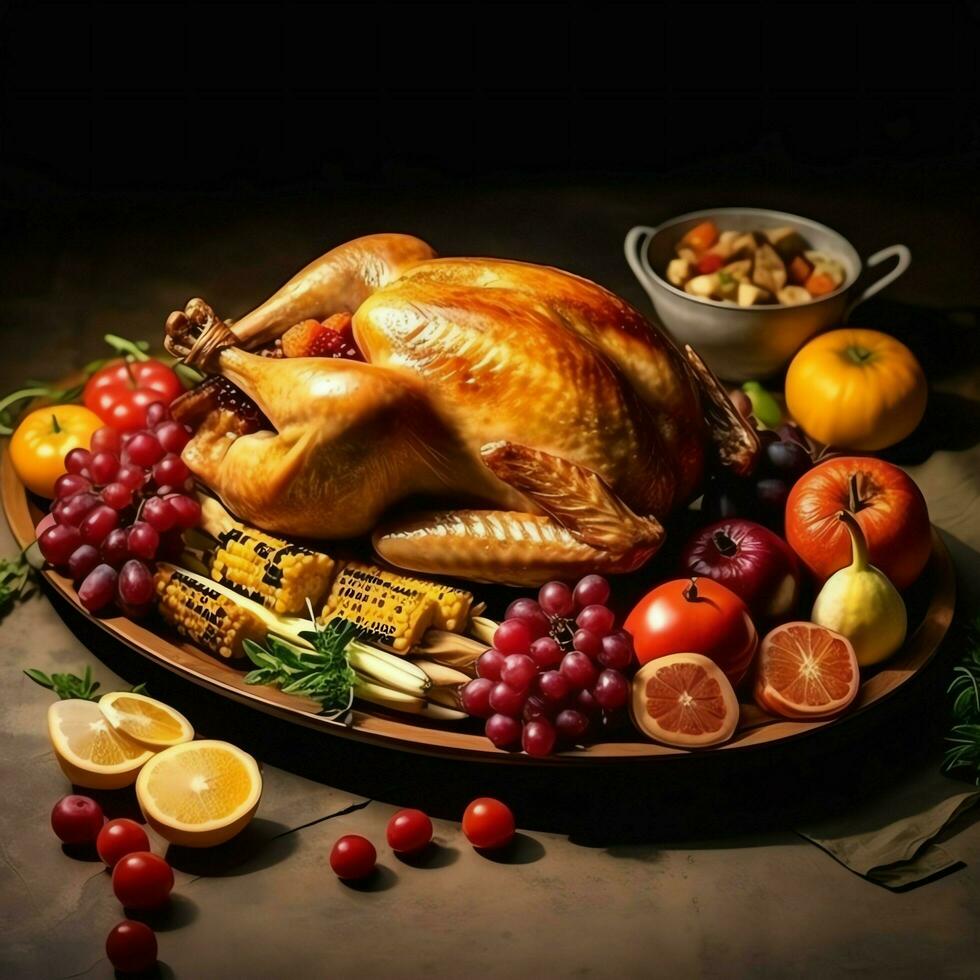 Thanksgiving day or autumn composition with pumpkin, oranges, leaves or chicken. Thanksgiving food concept by AI Generated photo