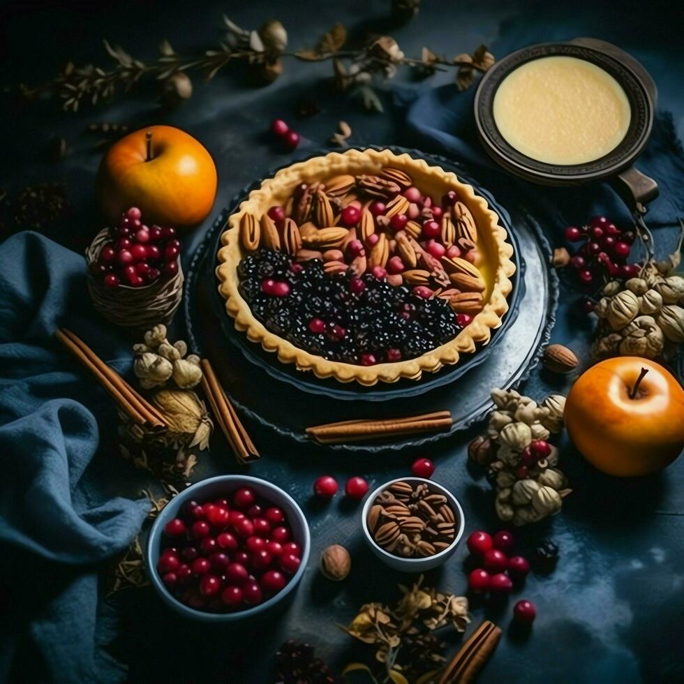 Thanksgiving day or autumn composition with pumpkin, oranges, leaves or chicken. Thanksgiving food concept by AI Generated photo