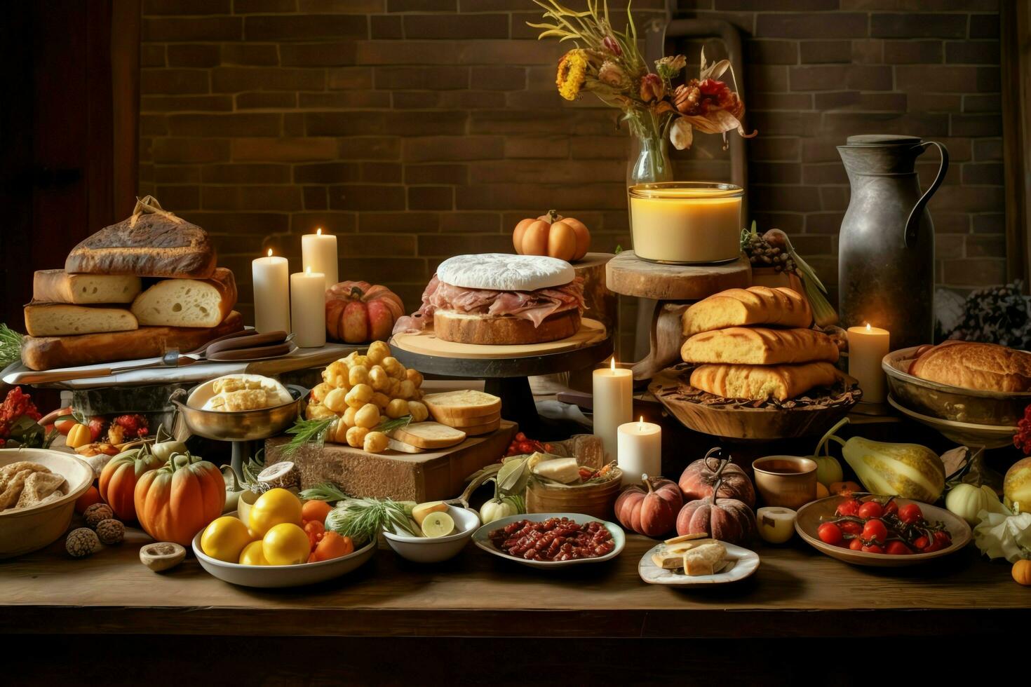 Thanksgiving day or autumn composition with pumpkin, oranges, leaves or chicken. Thanksgiving food concept by AI Generated photo