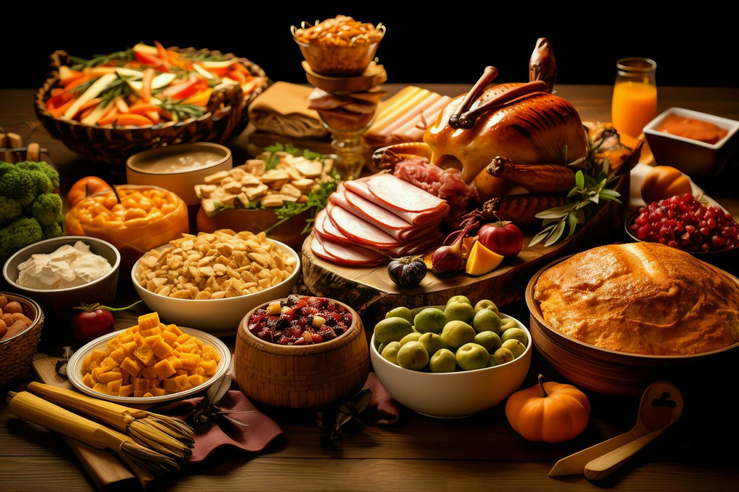 Thanksgiving day or autumn composition with pumpkin, oranges, leaves or chicken. Thanksgiving food concept by AI Generated photo