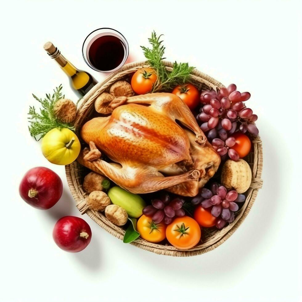 Thanksgiving day or autumn composition with pumpkin, oranges, leaves or chicken. Thanksgiving food concept by AI Generated photo