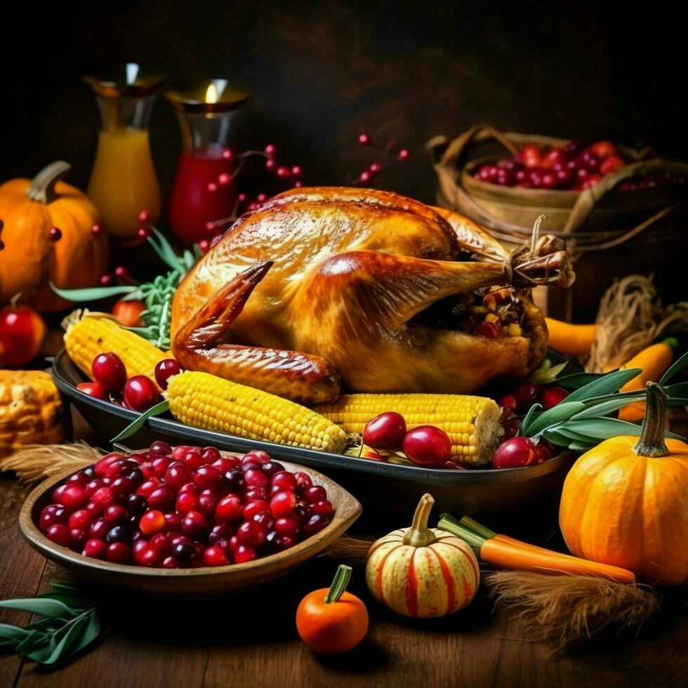 Thanksgiving day or autumn composition with pumpkin, oranges, leaves or chicken. Thanksgiving food concept by AI Generated photo