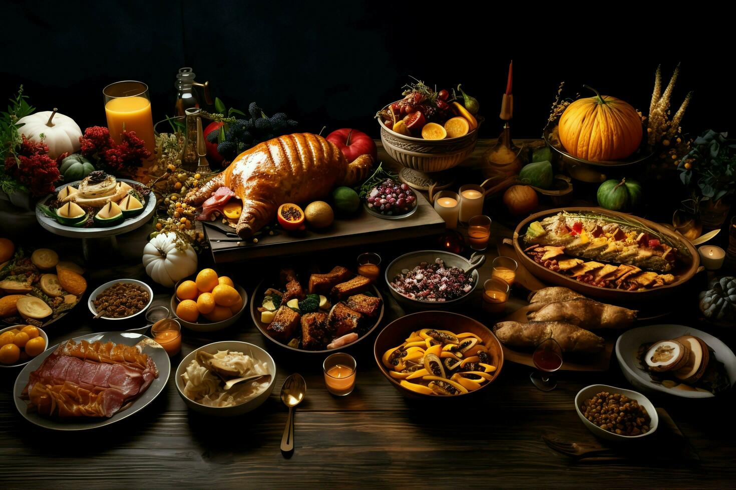 Thanksgiving day or autumn composition with pumpkin, oranges, leaves or chicken. Thanksgiving food concept by AI Generated photo