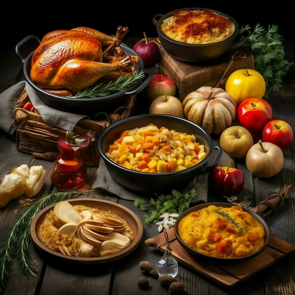 Thanksgiving day or autumn composition with pumpkin, oranges, leaves or chicken. Thanksgiving food concept by AI Generated photo