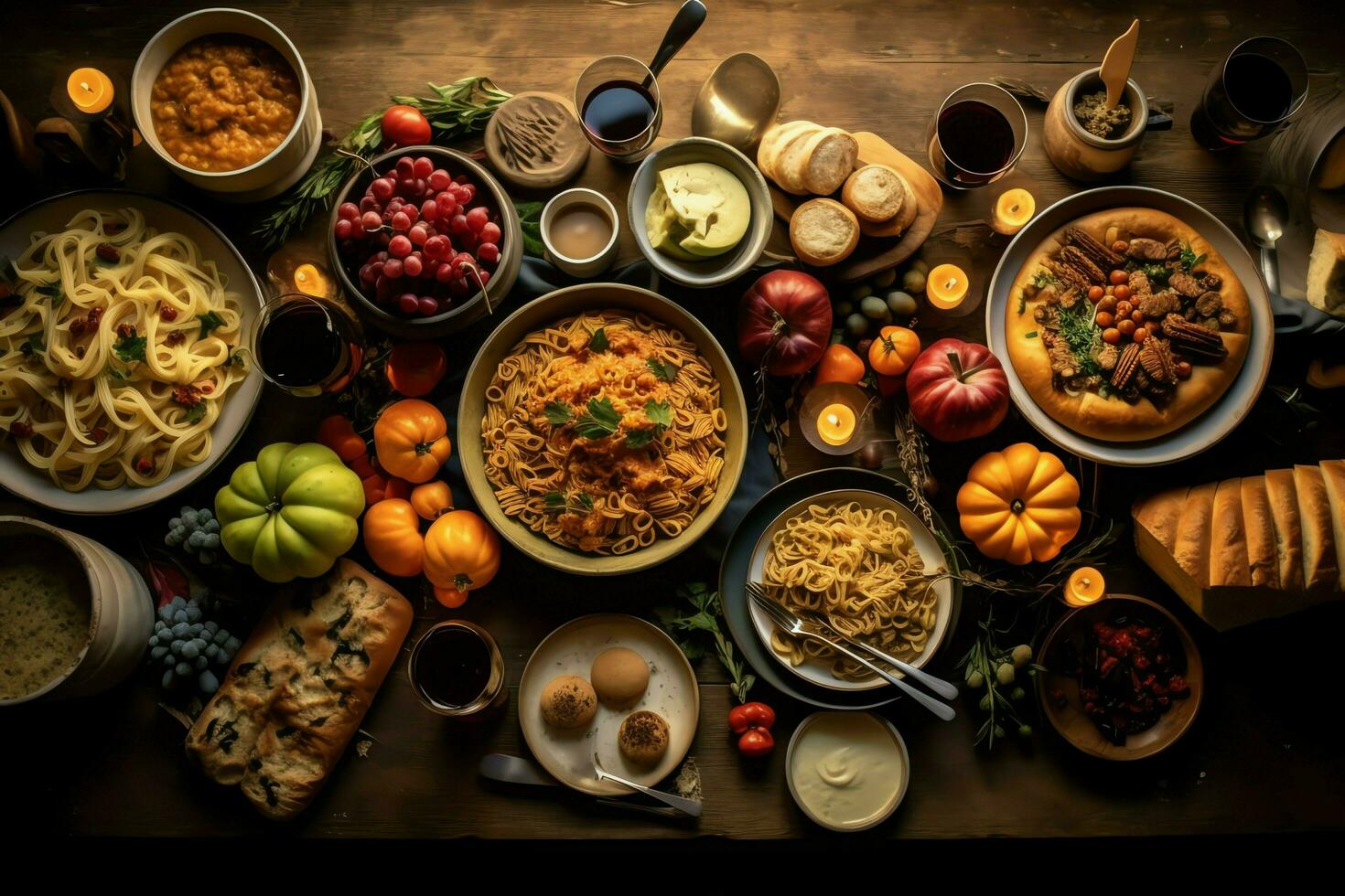 Thanksgiving day or autumn composition with pumpkin, oranges, leaves or chicken. Thanksgiving food concept by AI Generated photo