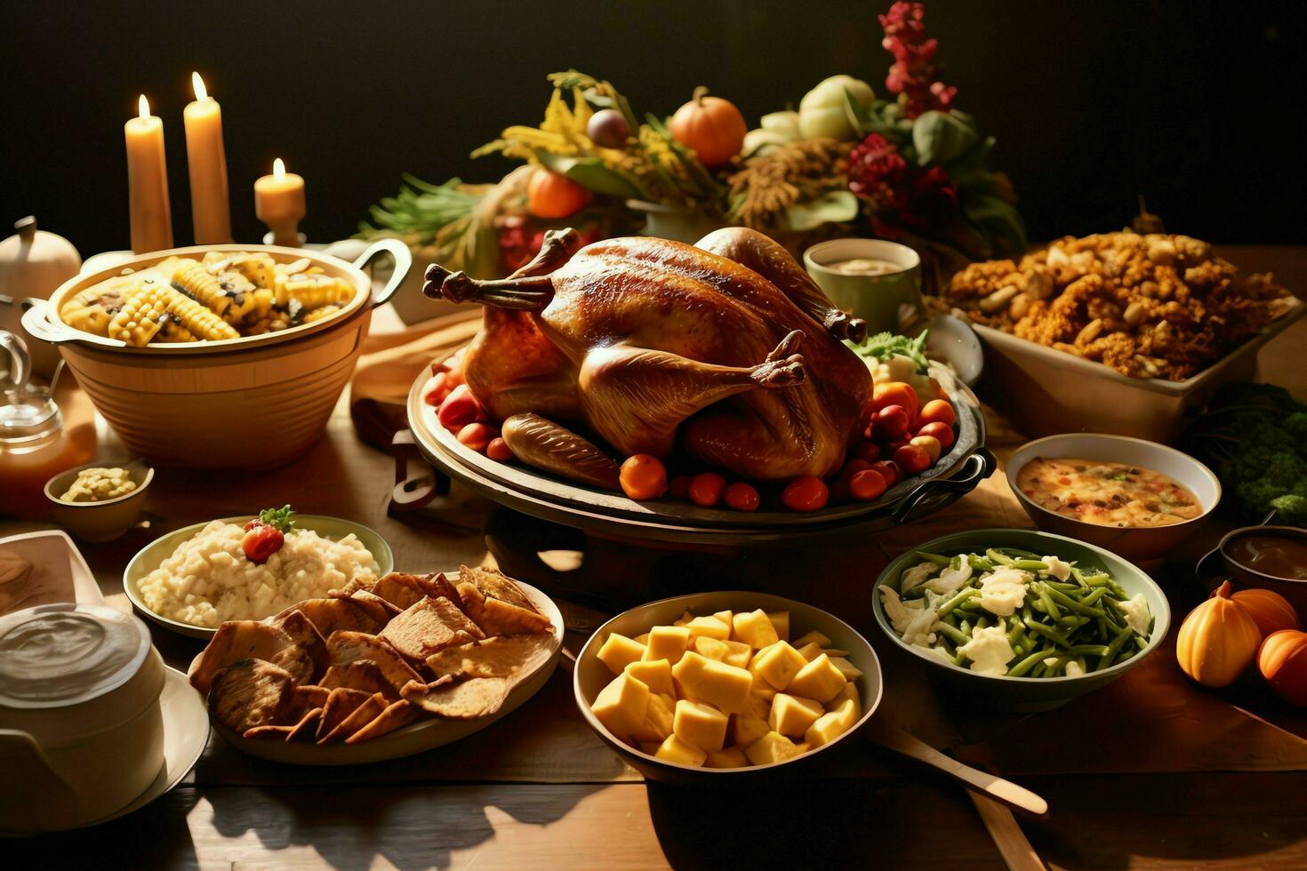 acción de gracias día o otoño composición con calabaza, naranjas, hojas o pollo. acción de gracias comida concepto por ai generado foto