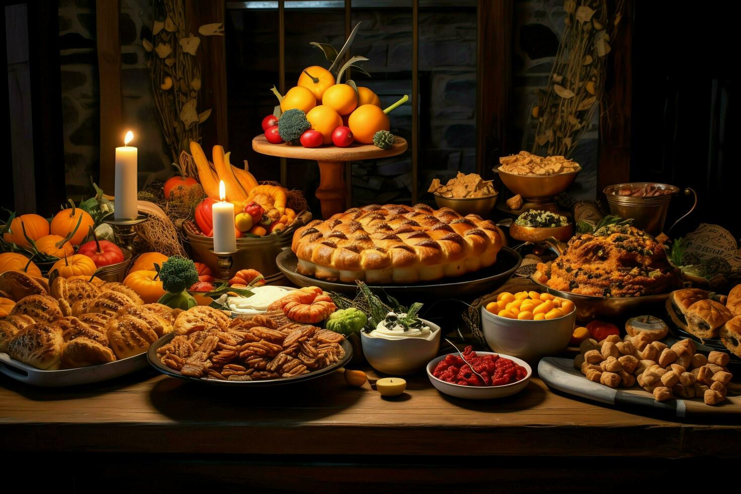 Thanksgiving day or autumn composition with pumpkin, oranges, leaves or chicken. Thanksgiving food concept by AI Generated photo