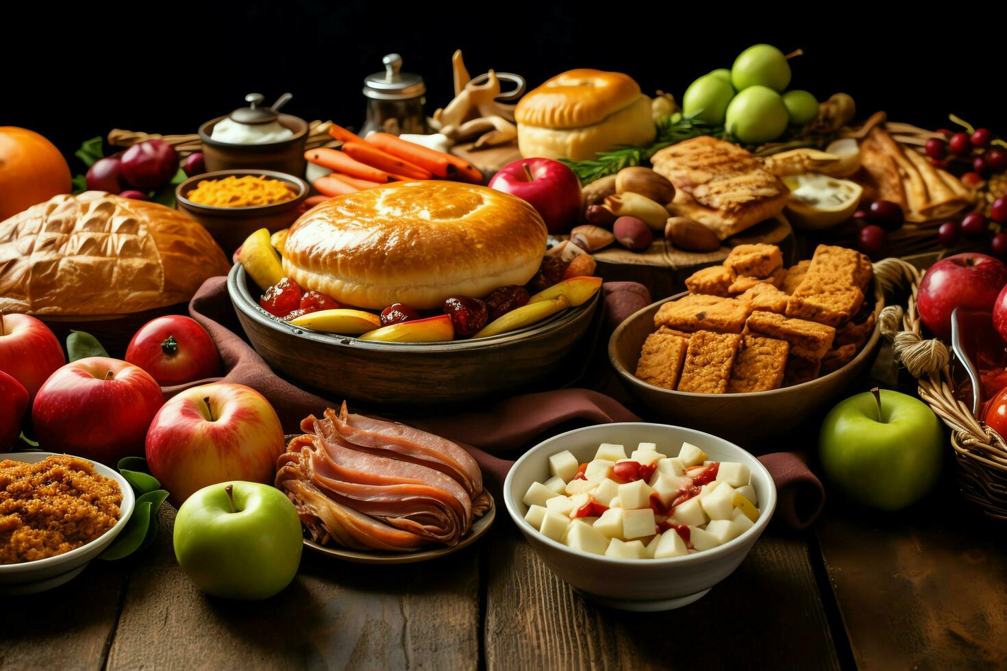 Thanksgiving day or autumn composition with pumpkin, oranges, leaves or chicken. Thanksgiving food concept by AI Generated photo