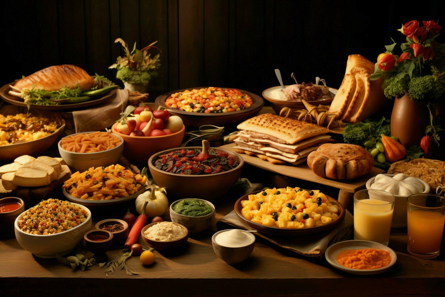 Thanksgiving day or autumn composition with pumpkin, oranges, leaves or chicken. Thanksgiving food concept by AI Generated photo