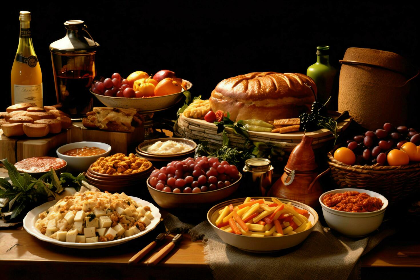 Thanksgiving day or autumn composition with pumpkin, oranges, leaves or chicken. Thanksgiving food concept by AI Generated photo
