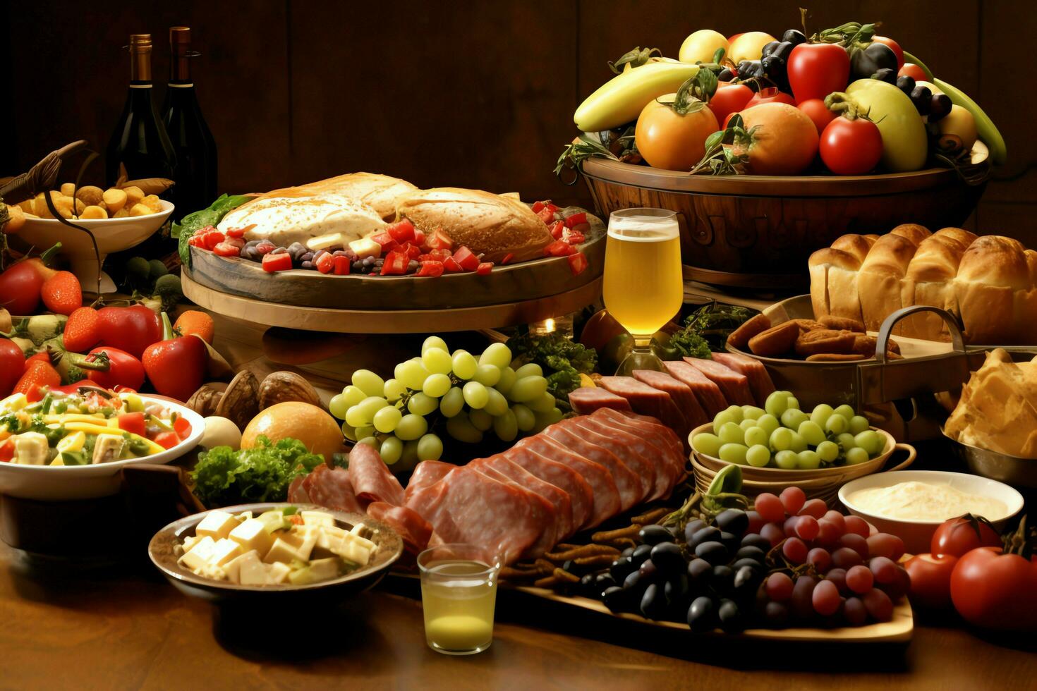 Thanksgiving day or autumn composition with pumpkin, oranges, leaves or chicken. Thanksgiving food concept by AI Generated photo