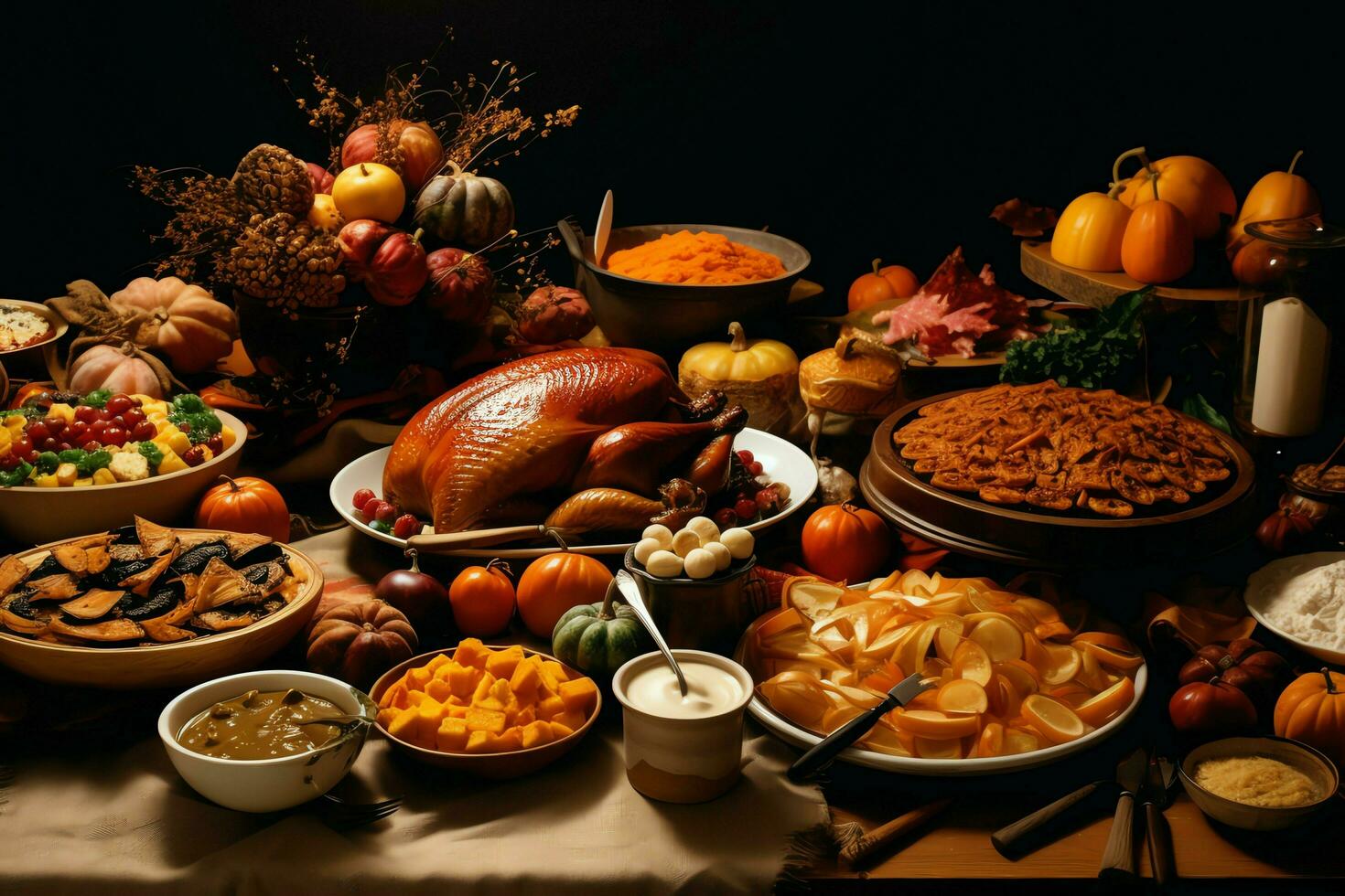 Thanksgiving day or autumn composition with pumpkin, oranges, leaves or chicken. Thanksgiving food concept by AI Generated photo