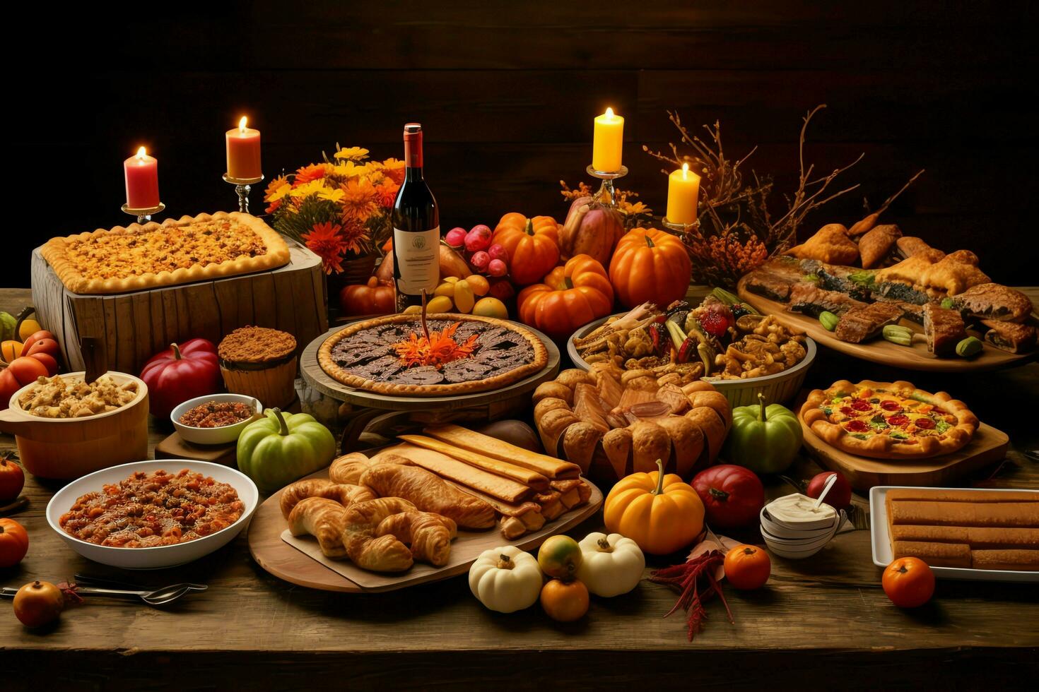 Thanksgiving day or autumn composition with pumpkin, oranges, leaves or chicken. Thanksgiving food concept by AI Generated photo