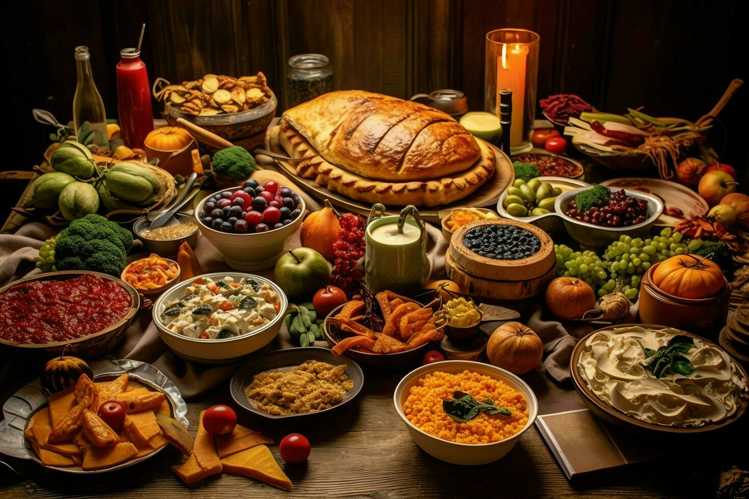 Thanksgiving day or autumn composition with pumpkin, oranges, leaves or chicken. Thanksgiving food concept by AI Generated photo