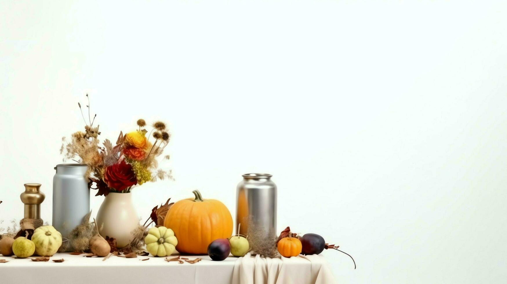 Thanksgiving day or autumn composition with pumpkin, oranges, leaves or chicken. Thanksgiving food concept by AI Generated photo