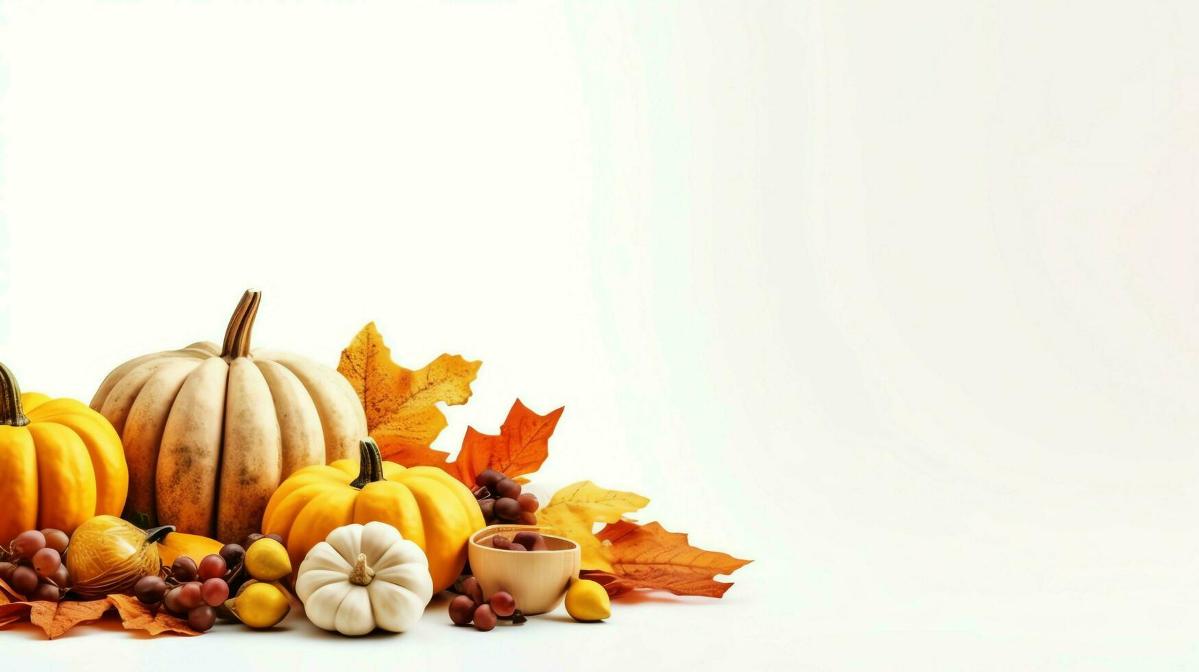 Thanksgiving day or autumn composition with pumpkin, oranges, leaves or chicken. Thanksgiving food concept by AI Generated photo