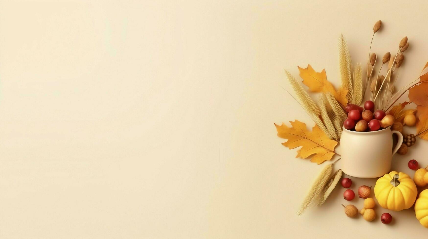 Thanksgiving day or autumn composition with pumpkin, oranges, leaves or chicken. Thanksgiving food concept by AI Generated photo