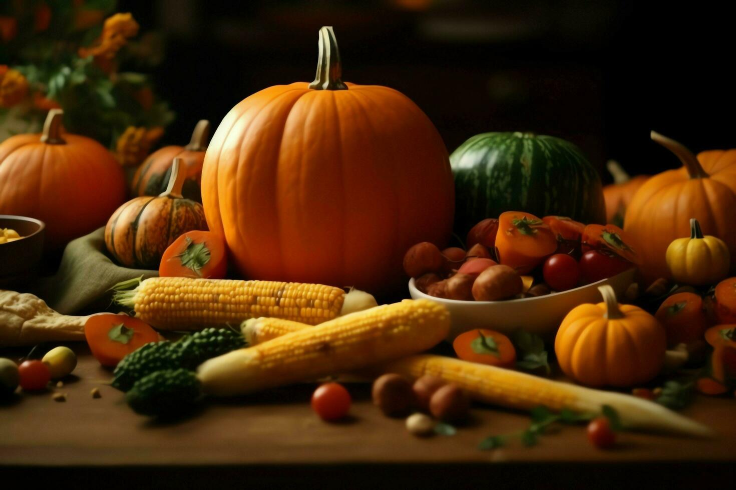 Thanksgiving day or autumn composition with pumpkin, oranges, leaves or chicken. Thanksgiving food concept by AI Generated photo