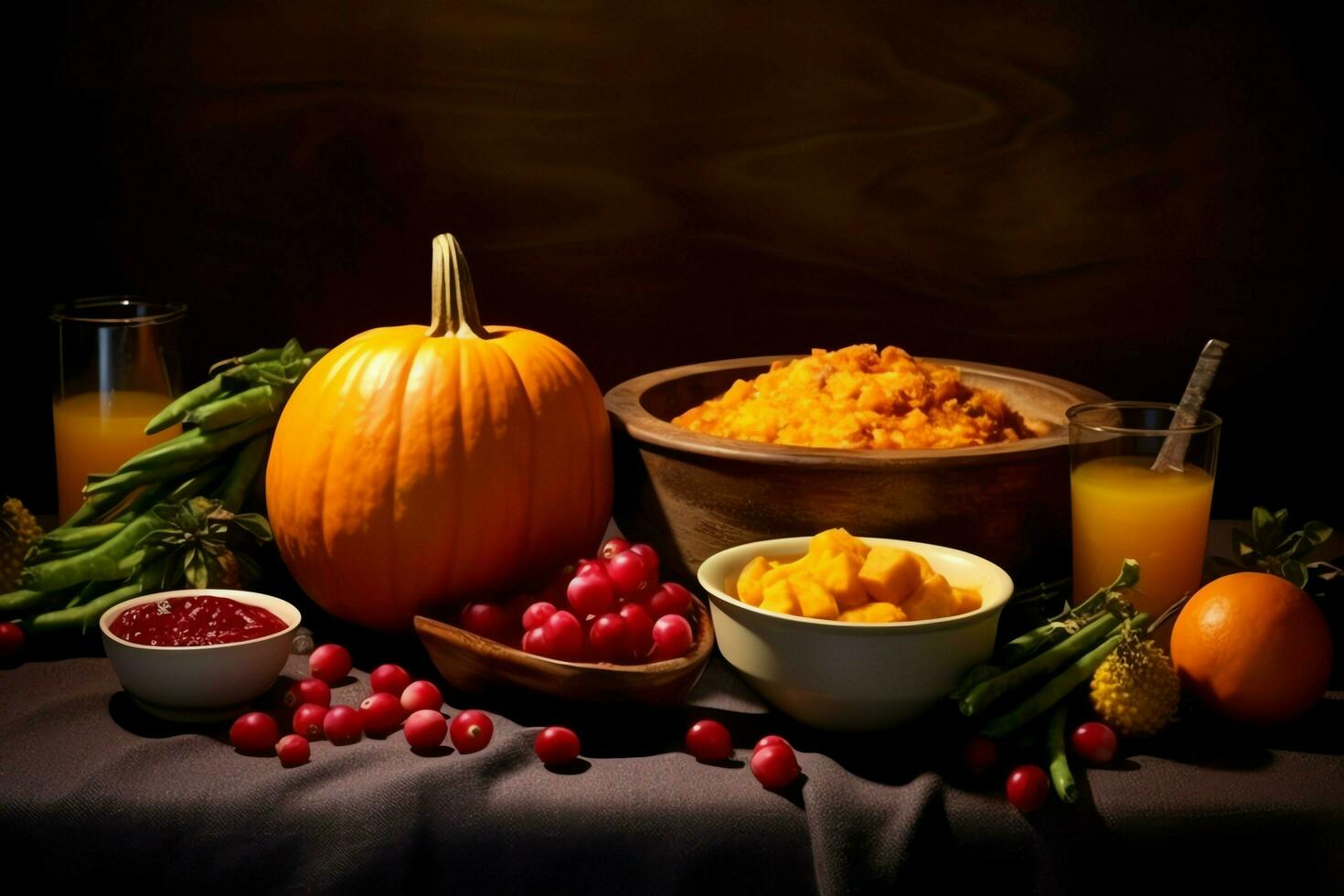 Thanksgiving day or autumn composition with pumpkin, oranges, leaves or chicken. Thanksgiving food concept by AI Generated photo