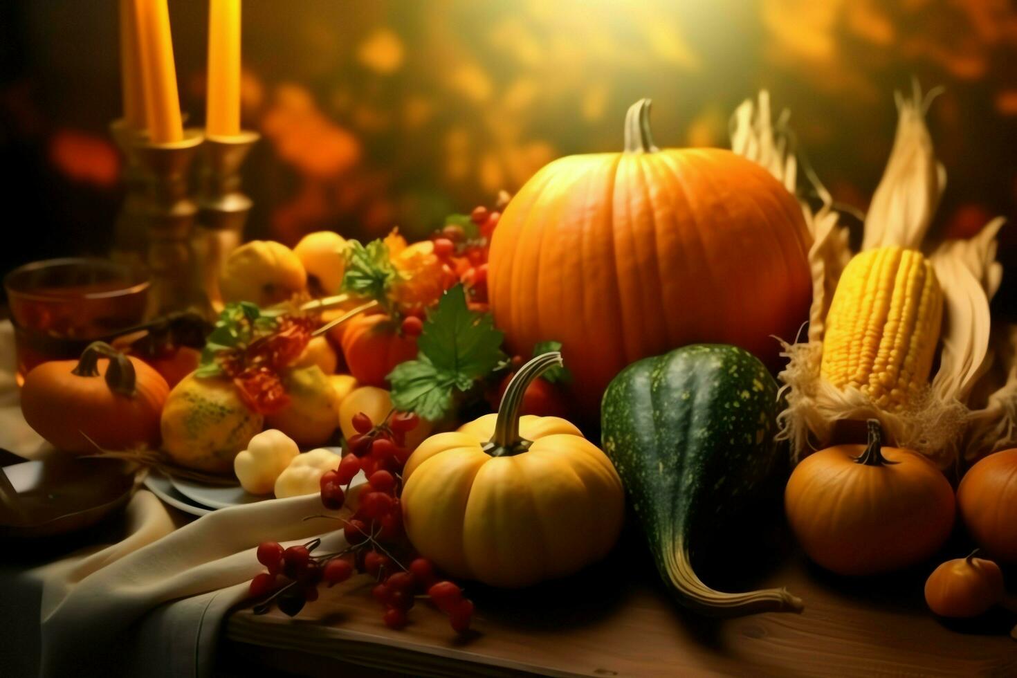 Thanksgiving day or autumn composition with pumpkin, oranges, leaves or chicken. Thanksgiving food concept by AI Generated photo